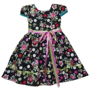 Little Girls Black Fuchsia Floral Polka Dotted Short Sleeved Dress 2T-6 - 4