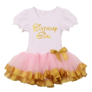 Little Girls Pink Gold Birthday Girl Bow Attached Glitter Hem Tutu Dress 2T-6 - 3T/4T