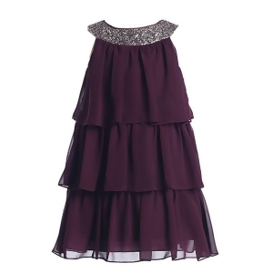 Sweet Kids Big Girls Plum Sequined Neck Tiered Junior Bridesmaid Dress 7-16 - 7