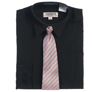 Black Button Up Dress Shirt Pink Gray Striped Tie Set Boys 5-18 - 5