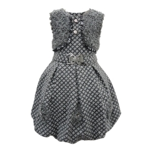 Little Girls Grey Tonal Rhomb Pattern Tie Sash Button Fuzzy Bolero Dress 4-6X - 5