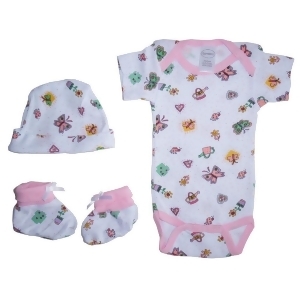 Bambini Baby Girls Pink Printed Cotton Lap Bodysuit Cap Booties 3-Pc Gift Set - All