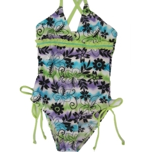 2B Real Little Girls Green Blue Tie Dye Floral Print One Piece Swimsuit 4-6X - 6X