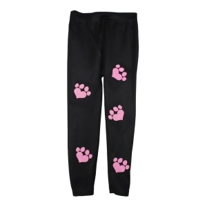 Girls Black Neon Pink Love Paws Print Cotton Stretchy Leggings 6X-12 - Youth L (10-12)