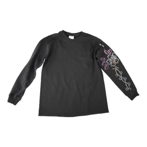 Girls Black Sequined Figure Skating Flower Long Sleeve Cotton T-Shirt 6-16 - Youth L (10-12)
