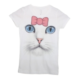 Little Girls White Pink Cat Face Bow Print Short Sleeve Cotton T-Shirt 2-5T - 5