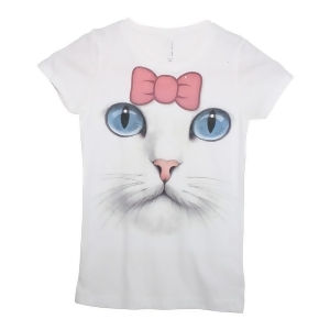 Girls White Pink Cat Face Bow Print Short Sleeve Cotton T-Shirt 6-16 - Youth L (10-12)