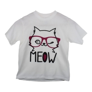 Girls White Cat Face Print Short Sleeve Cotton Trendy T-Shirt 6-16 - Youth S (6-6X)