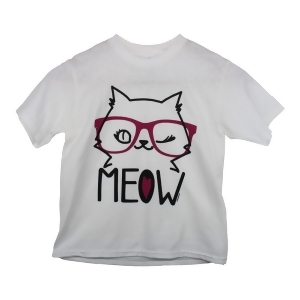 Girls White Cat Face Print Short Sleeve Cotton Trendy T-Shirt 6-16 - Youth L (10-12)