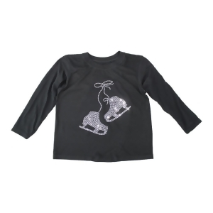 Girls Black Glitter Rhinestone Ice Skates Long Sleeve Cotton T-Shirt 6-16 - Youth L (10-12)