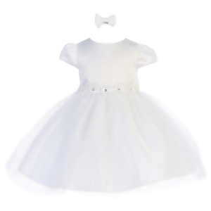 Baby Girls White Rhinestone Center Flower Adorned Satin Flower Girl Dress 6-24M - 12 Months