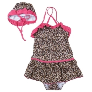 Wenchoice Little Girls Brown Leopard Print Ruffle Trim Cap Swimsuit 2T-7 - 4/5