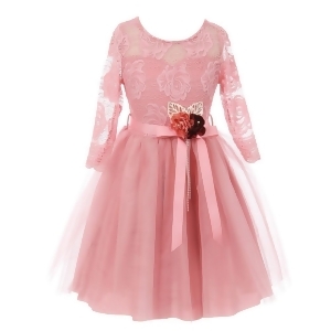 Big Girls Pink Rose Floral Lace Long Sleeve Mesh Flower Girl Dress 8-14 - 10