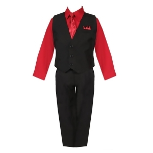 Big Boys Black Red Shirt Vest Pants Neck Tie Pocket Hanky 5 pcs Suit 8-20 - 18
