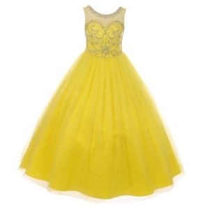 Big Girls Yellow Crystal Beading Glitter Tulle Floor Length Pageant Dress 8-16 - 14