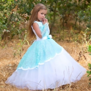 Girls Aqua Tiered Tulle Lace Overlay Vikki Full Ball Wedding Gown 6-8 - 6/7