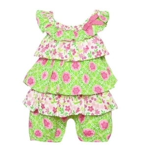 Bonnie Baby Girls Lime Pink Floral Print Ruffle Tiered Tie Accent Romper 3-24M - 6-9 Months