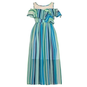 Bonnie Jean Big Girls Blue Green Stripe Ruffle Cold Shoulder Dress 7-16 - 16