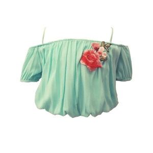 Big Girls Mint Off Shoulder Embroidered Patch Short Sleeve Blouse 8-14 - 12