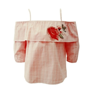 Big Girls Pink White Square Off-Shoulder Strap Embroidered Blouse 8-14 - 14