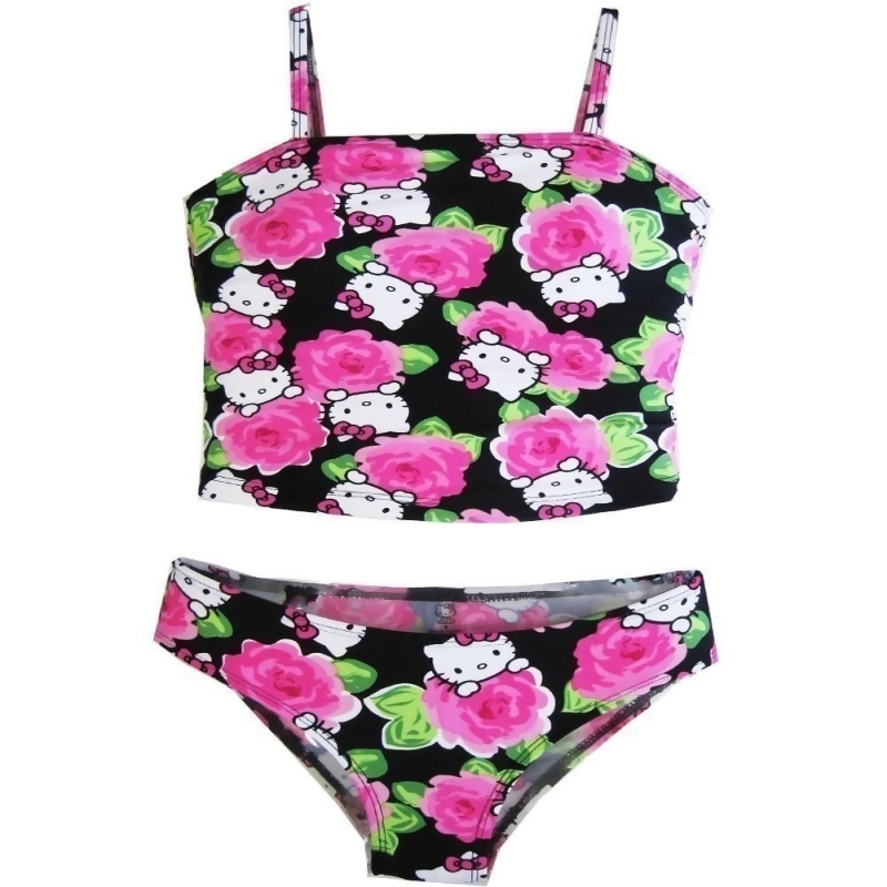 black swimsuit with pink flowers