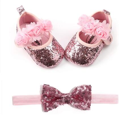 OAISNIT Baby Girl Mary Jane Flats Sparkly Soft Infant Princess Dress Crib Shoes with Headband 