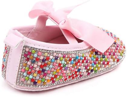 Baby Girls Mary Jane Flats Sparkly Bow Diamonds Princess Dress Shoes Anti-Slip Infant Crib Shoes 