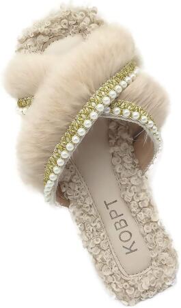 KOBPT Women's Slippers Fluffy Plush Cozy Open Toe Cross Band Indoor Outdoor Shoe 