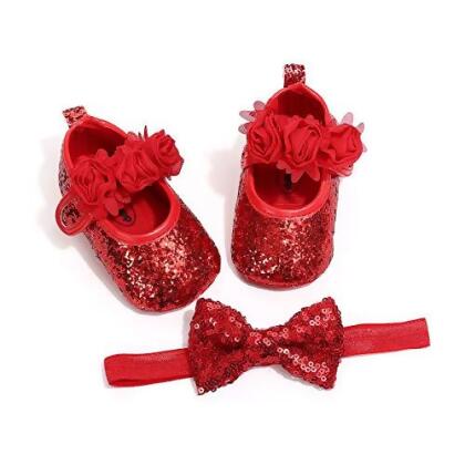 Baby Girls Mary Jane Flats with Bowknot Headband Infant Floral Princess Dress Soft Sole Crib Shoes Non-Slip for Toddler First Walkers 