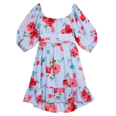 Big Girls Floral Printed Puff Sleeve Dress With Ruched Waistband And Tie Back Detail 