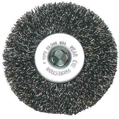 Crimped Wheel Brushes, 2 inD x 3/8 inW, 0.0118 in, Carbon Steel, Clamshell Pack 