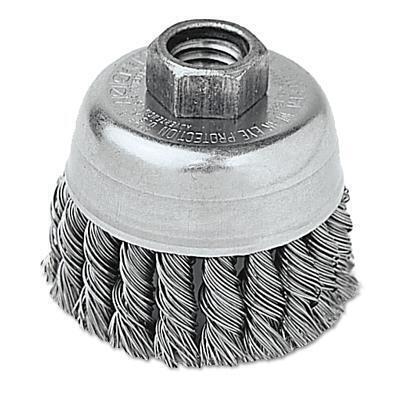 Single Row Heavy-Duty Knot Wire Cup Brush, 2-3/4 dia, 5/8 to 11 UNC, 0.02 Stainless 