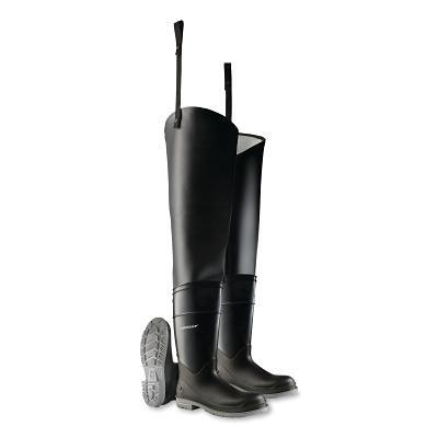 Hip Waders, Steel Toe, Men's 12, 32 in Inseam, Polyblend/PVC, Black