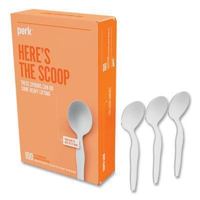 Perk™ Heavyweight Plastic Cutlery, Soup Spoon, White, 100/pack PK56404 