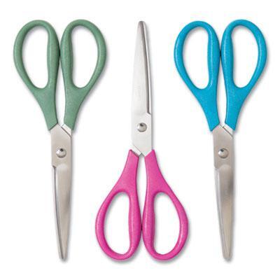 U Brands U Eco Scissors. Concave Tip, 9.45 Long, 3 Cut Length, Assorted Straight Handle, 3/Pack