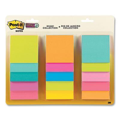 POST-IT® SUPER STICKY NOTES, ASSORED SIZE 3 X 3 / 4 X 6 MIAMI  COLLECTION, 15 PADS/PACK