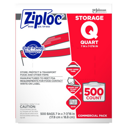 682256 Ziploc Storage Bags, 1 qt, 500 Bags, Zipper, Clear, Solid 