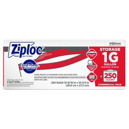 682257 Ziploc Storage Bags, 1 gal, 250 Bags, Zipper, Clear, Solid 