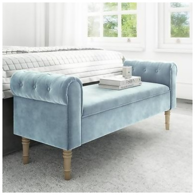 Safina Duck Egg Blue Velvet Bench With Quilted Arm Rest From