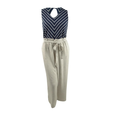 Monteau Juniors' Plus Size Striped Top & Paperbag-Pant Jumpsuit (3X, Navy/Ivory) 