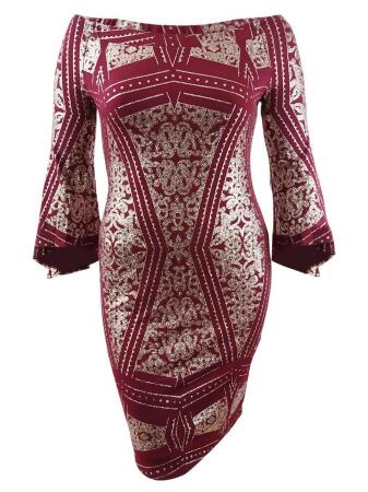 Jump Juniors' Bell-Sleeve Sheath Dress (L, Burgundy/Gold) 