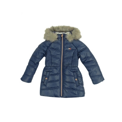 Tommy Hilfiger Big Girls Puffer Jacket With Faux Fur Hood (S(7), Navy) 