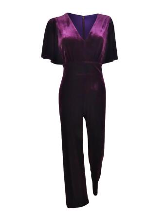 DKNY Women's Velvet Flutter Sleeve Jumpsuit (2, Aubergine) 