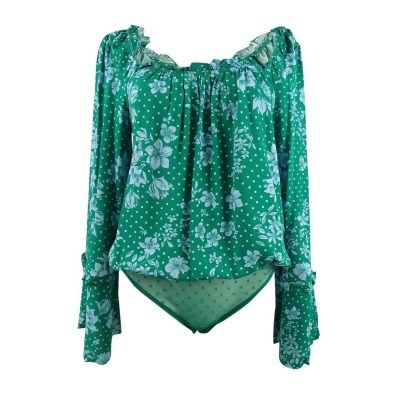 Free People Women's Off-The-Shoulder Printed Bodysuit (L, Emerald Combo) 