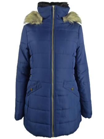 Celebrity Pink Juniors' Faux-Fur Trim Hooded Puffer Coat (L, Dark Sapphire) 