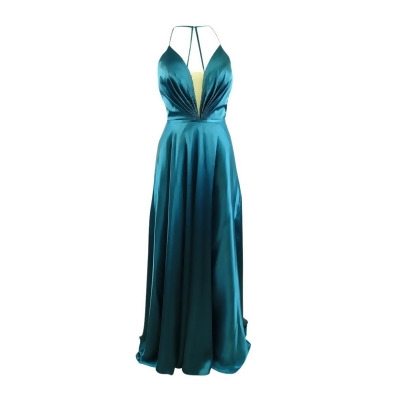 Betsy & Adam Women's Lace-Up Illusion Satin Gown (0, Mallard Blue) 