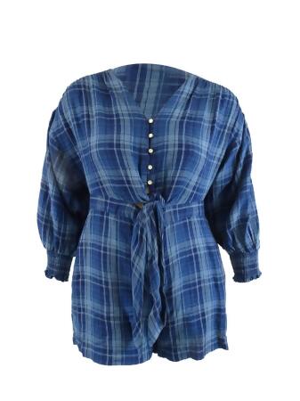 Lauren Ralph Lauren Women's Plaid Tissue Linen Romper (12, Blue Multi) 