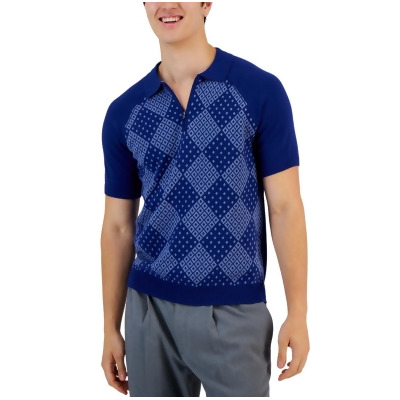 Alfani Men's Diamond Pattern Short-Sleeve Quarter-Zip Sweater (M, Weather Blue) 