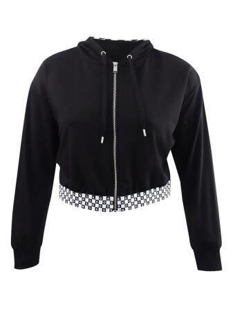 MICHAEL Michael Kors Women's Cropped Checkered-Trim Hoodie (L, Black) 
