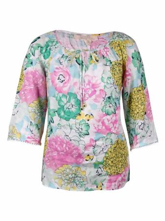 Charter Club Women's Floral Print Linen Peasant Top - 0X